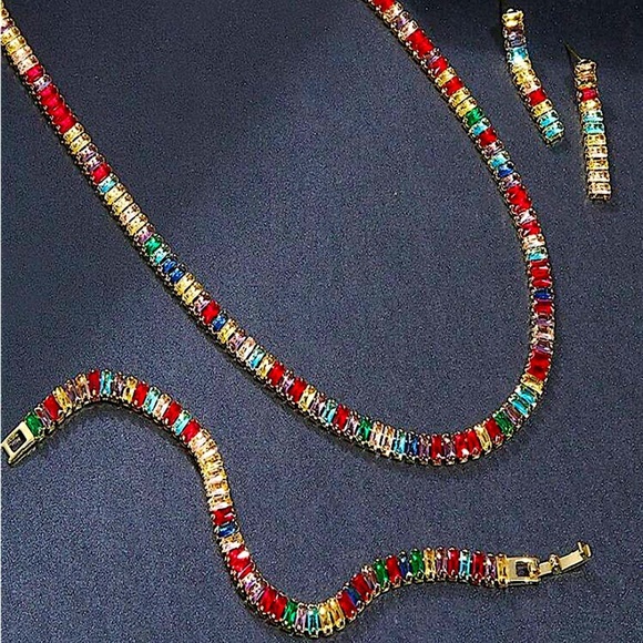 Gold Baguette Multicolor Rhinestone Choker Earrings Bracelet Matching Set 18k - Picture 3 of 13